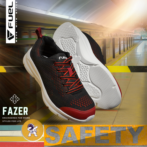 FUEL Fazer Red & White Men's Steel Toe Safety Shoes/Light Weight & Orthopedic Memory Foam Insole, Industrial Work Construction Use/Comfortable & Stylish Shoes